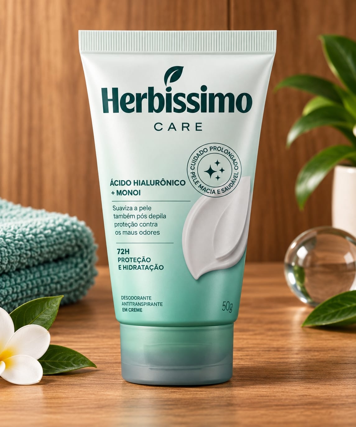 Creme Desodorante Antitranspirante Herbíssimo Bisnaga Care Monoi E Ácido Hialurônico 55g