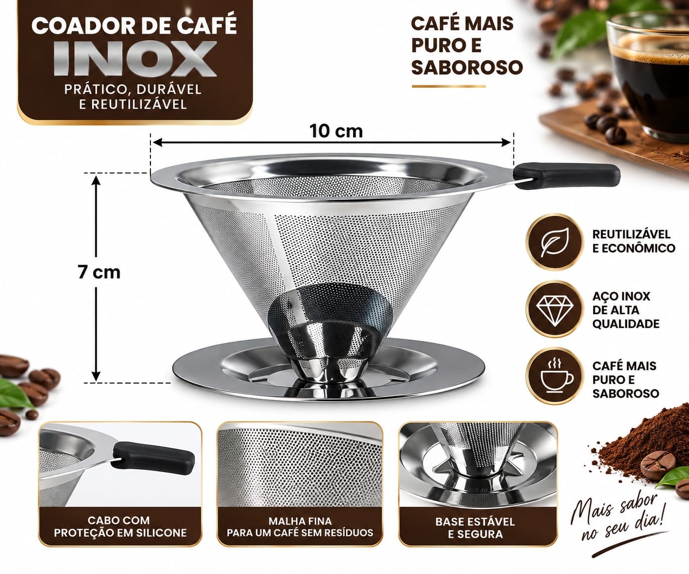 Coador de Café Inox 101/102/103 | Filtro Reutilizável Sem Necessidade de Papel