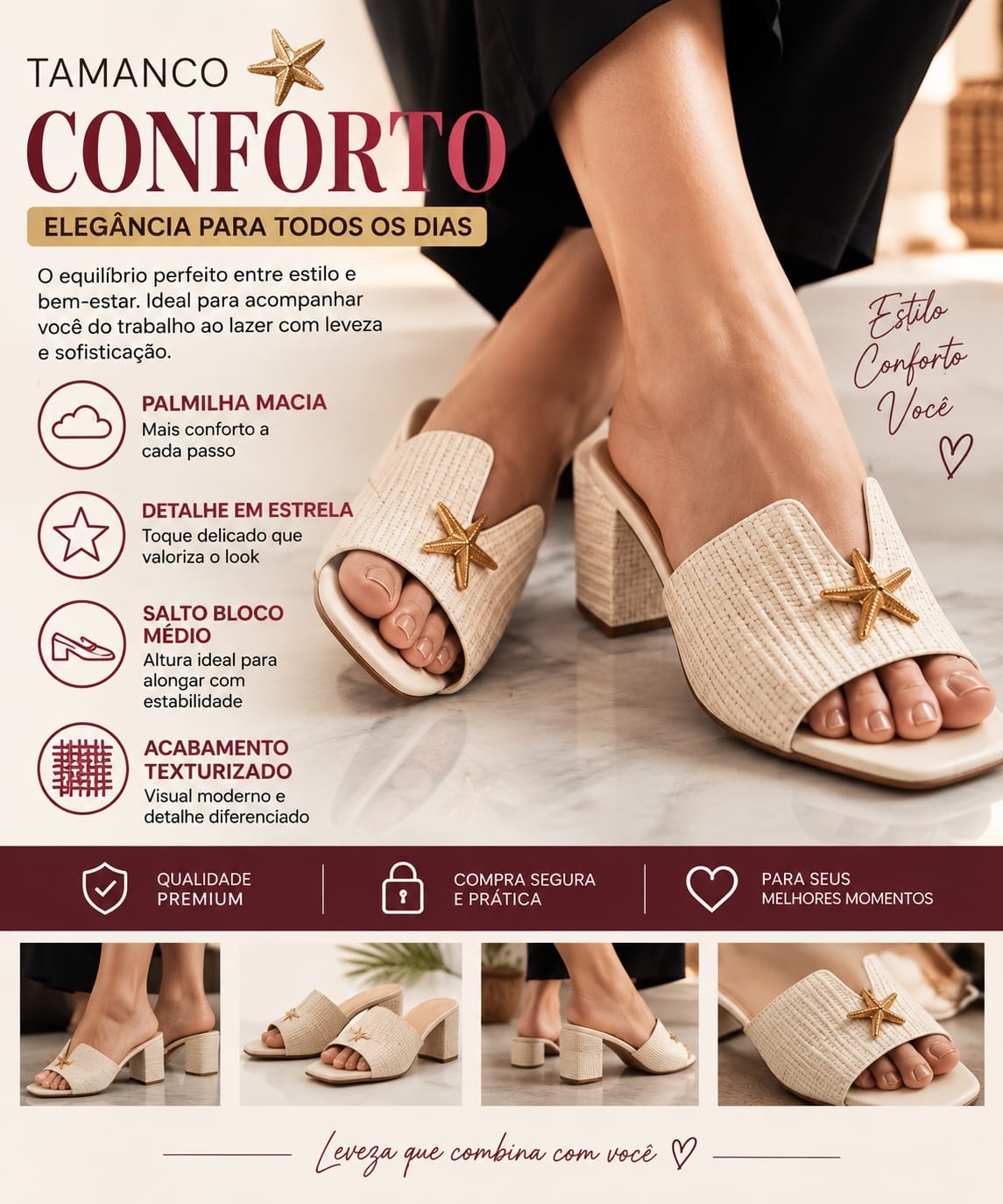 Tamanco Feminino Sandália Casual Confortável Salto Bloco Médio Estilosa Dia a Dia Verão