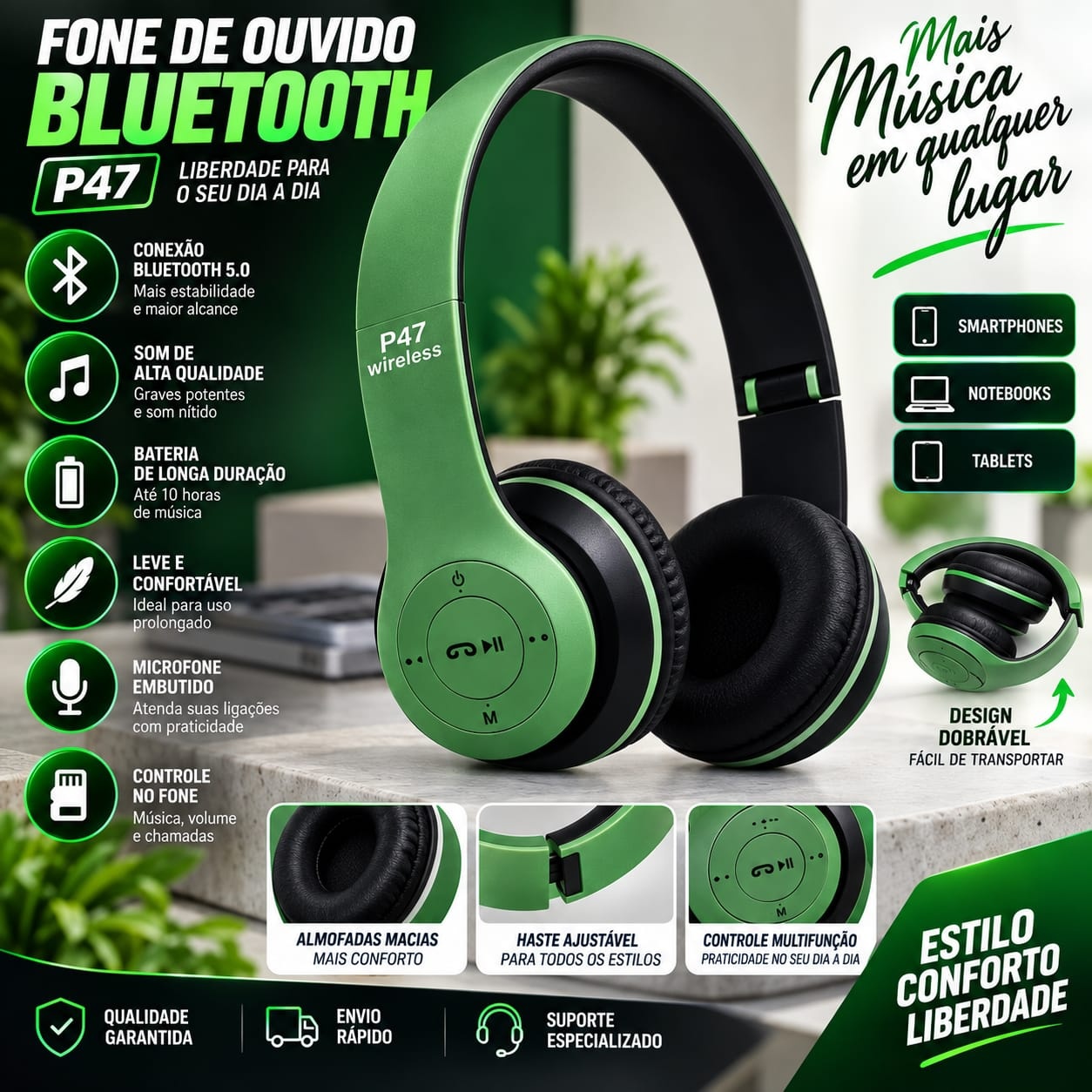 Fone de Ouvido Bluetooth P47 com Redução de Ruído Ativa para Chamaradas Claras