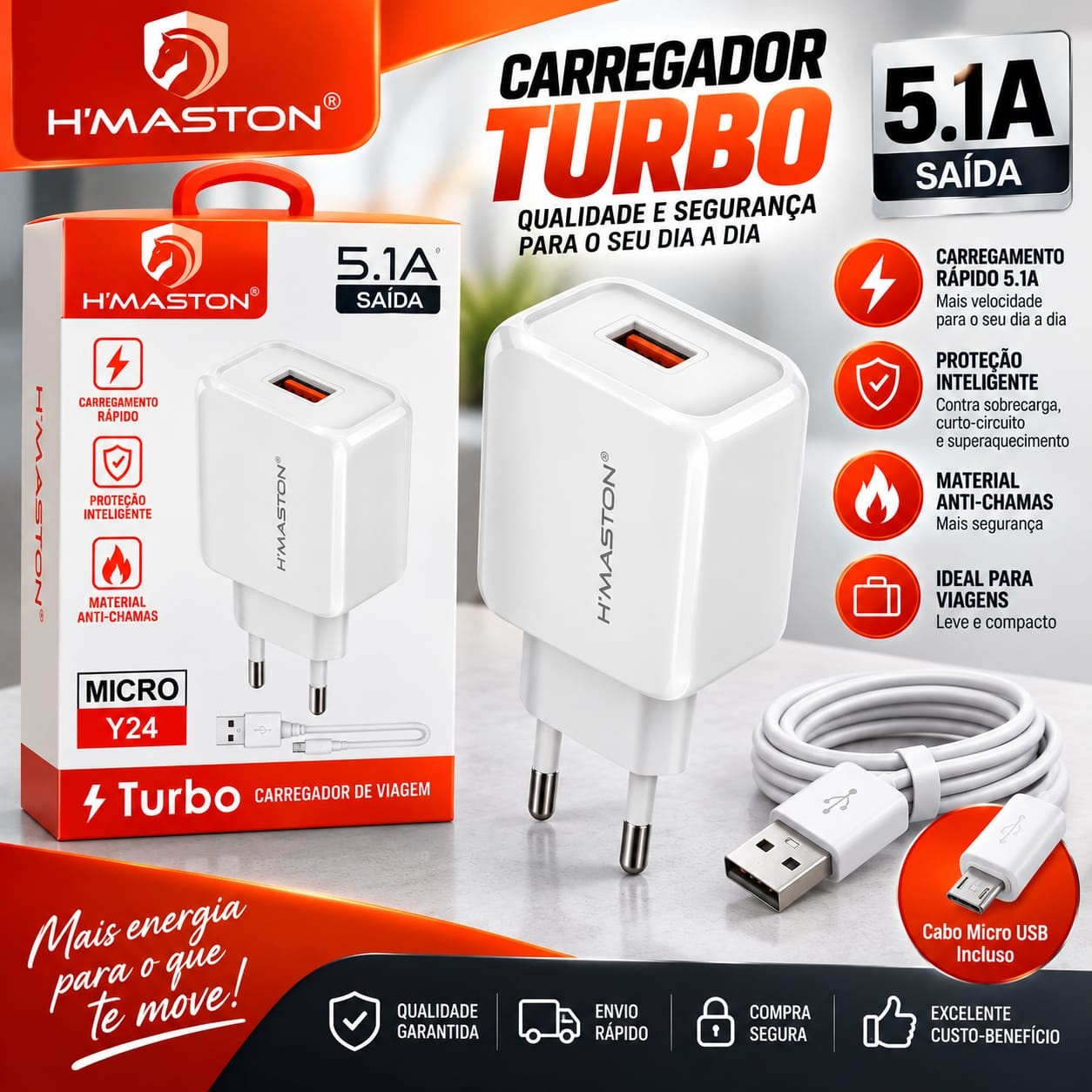 Carregadore 5.1A V8 Micro TIPO C Lightning Carga Rápida Hmaston