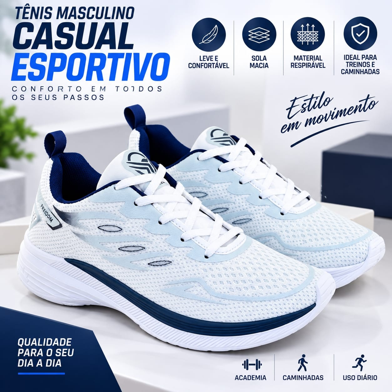 Tenis Masculino Escolar Academia NUMERO 39 Original FREEDOM Corrida Caminhada Lançamento BRANCO