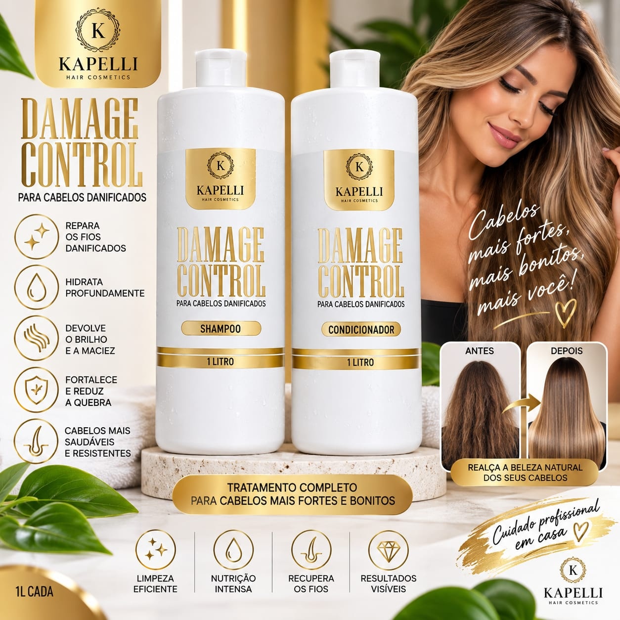 Kit Shampoo + Condicionador Damage Control Kapelli – 1L Cada