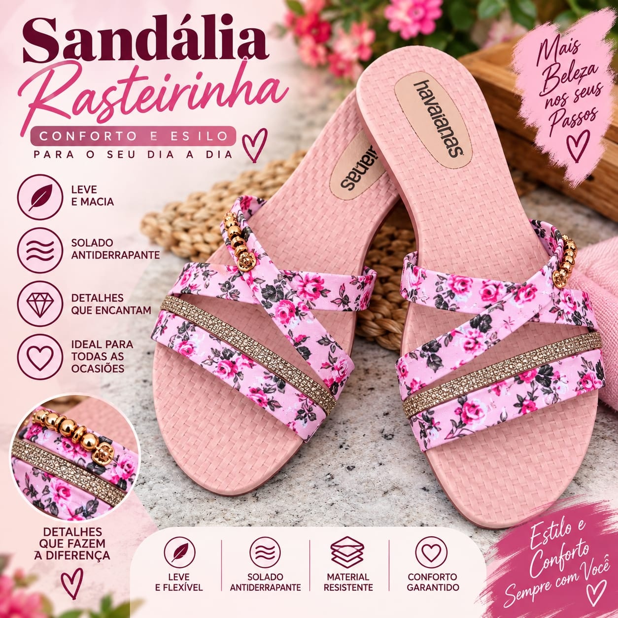 Rasteirinha Liz Feminina Sandália com Tiras Estampadas Confortável