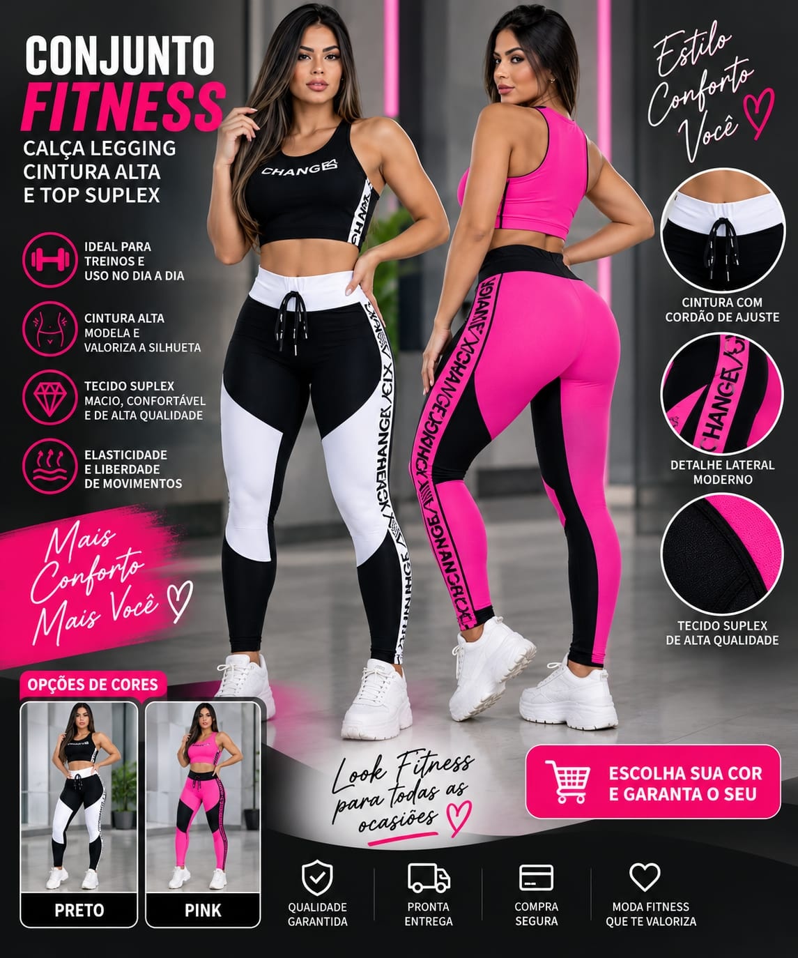 conjunto fitness calça legguing cintura alta e top suplex conjunto de academia